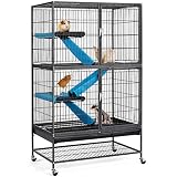 Yaheetech Kleintierkäfig, Metallkäfig für kleine Haustiere, Kaninchenstall mit 4 Räder, Käfig mit 2 abnehmbaren Rampen & Plattformen Weiß (Schwarz)