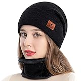 LOKEEVAN Wintermütze Strickmütze für Damen Herren warme Beanie Schal Set (Schwarz)