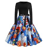 Damen Weihnachts Langarm O-Ausschnitt Druck Vintage Kleid Partykleid Christmas Kostüm Cosplay Christmas Print Langarm 50er Jahre Kleid Weihnachtsmann Elch Print Party Swing Kleid Weihnachtsk