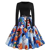 Weihnachten Kleid Damen Cocktailkleid Damen Retro Kleider Mit Klassisch Christmas Element Langarm Print Kleid Party Kleider Für Damen Niedlich Weihnachtsmotiv Swing Kleid(Blau)