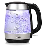 Tower T10040 Wasserkocher aus Glas, schnurlos, mit einfachem Griff, robuster Schott-Glaskörper mit blauer LED-Beleuchtung, 3000 W, 1,7 Liter, Edelstahl-F