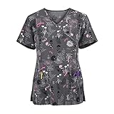 Klassische Kurzarm V-Ausschnitt Uniform Tops für Frauen Sommer Niedlich Tier Hund Druck Arbeitsbluse Casual Arbeit Tunika Tops T-Shirt Tops mit 2 Taschen für Stillgeschenke Gr. S, g