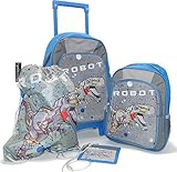 STEFANO Kinder Reisegepäck Roboter grau Set Trolley Koffer Rucksack Sportbeutel Brustbeutel -präsentiert von RabamtaGO®- (Set 4tlg.)