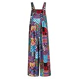 Burkashear Damen Lose Latzhose Bohemian Florals Printed Casual Top mit Träger Ärmellos mit Knopf Weites Bein Hose mit Taschen Sommerurlaub am Strand S-XXL(Blau, M)