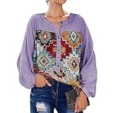 LYAZFC Damen Frühling und Sommer Casual Rundhals Hemd Knopf Retro Multicolor Print Langarmshirt Top