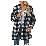 Sannysis Oberteile Damen Fleece Hoodie Taschen Karierter Oversized-Cardigan-Mantel mit offenem Stich Lang Fleecejacke Dünner Herbstmantel Warm Winterjacke Windbreaker jack