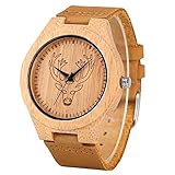 PLUIEX Holzuhr Gravierte Tiger Dial Elk Deer Wood Uhr Herrenuhren Braunes Lederband Quarzuhr Stunden Top Brand Luxus, Elch Zifferb