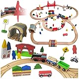 Holzbahn Holzeisenbahn Bahnset GS0012 Holz mit Brücke und Zubehör kompatibel Holz Eisenbahn kompatibel zu Brio Eichhorn Ikea uvm - Mega-Set - Holzeisenbahn-Set mit vielen Zubehö