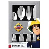 P:os 27138 - Besteck-Set mit Feuerwehrmann Sam Prägung, 4-teiliges Kinder-Besteck aus rostfreiem Edelstahl, Ess-Besteck mit Messer, Gabel, Suppen-Löffel und Dessert-Löffel, spülmaschinengeeig