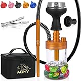 ADMY Mini Shisha Set,Hookah to go Aluminium 28cm,Kleine Wasserpfeife Komplettset Kaminaufsatz Smokebox Silikonkopf Schlauch Mundstück Tauchrohr Diffusor Knickschutzfeder Zange Reisetasche(Glod)