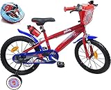 Vélo Mädchen Enfant 16' Équipé de 2 Freins, Plaque Avant Décorative, et Porte Bidon, Garde Boue, Pneus Gonflables + Casque Spiderman Inclus Fahrrad 16 Zoll, Rot & B