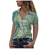 Damen Kurzarm T-Shirt Pullover Aufdruck Sommer V-Neck Oberteile Freizeit Lockere Retro Tshirts Top Frauen Reverskragen Shirt Lady-Silhouette Print B