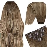 YoungSee Ombre Clip in Extensions Echthaar Hellste Braune bis Dunkle Aschblond Voller Kopf Haarverlangerung Clips Echthaar Balayage Voller Kopf Clip in Extensions Remy Human Hair 7 Tressen 100g 55