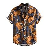COOFANIN Herren-T-Shirt, Patchwork-Blattdruck, kurzärmelig, Reverskragen, Knopfleiste, Sommer, Frühling, Baumwolle, Leinen, atmungsaktiv, schlank, leicht, eng, weich, Vintage, Retro, Blusen, navy, 85