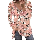 Vmiozizc Womens Tops V-Neck Zipper T-Shirts Floral Print Hollow Out Blouses for Women Fashion Loose Long-Sleeved Tunics-Medium,Pink