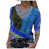 Zilosconcy Pullover Damen Lässiges Basic Hemd Patchwork Herbst Langarmshirts Winter Dünnes Leichtes Sweatshirt Weite Tunika mit V Ausschnitt Oberteile Baggy Bequeme Bluse Top