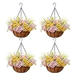 Metall-Hänge-Pflanzkorb, 4 Stück, runder Draht, Pflanzenhalter mit Kokosfaser-Auskleidung, Veranda-Dekoration, Blumentöpfe, Bewässerung, Rasen, Terrassendekoration (25.4 cm)