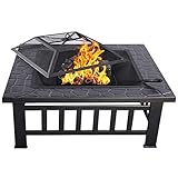 HENGMEI 81x81x37cm Multifunktional Feuerschale Feuerstelle Fire Pit Grillstelle Feuerkorb mit Grillrost Funkenschutz für BBQ, Heizung,G