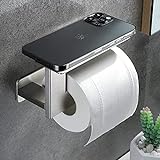 KROCEO Toilettenpapierhalter mit Ablage Klopapierhalter Ohne Bohren Edelstahl Gebürstet Selbstklebend Badezimmer Küche Toilettenpapierhalter, Wandhalterung, Silb