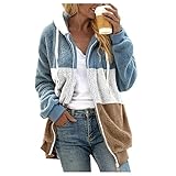 Lomelomme Oversized Patchwork Plüschjacke Plüschmantel Damen Teddymantel Winterjacke mit Kapuze Lang Rundhals Dicker Teddyjacke Teddyfleece Pullover Cardigan Jacke W