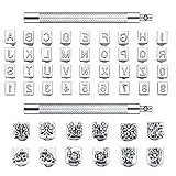50 Stück Buchstaben und Zahlen Stempel Set 0,32 Zoll Alphabet Leder Punch Gras Leder Stempel Metall Blumenmuster Stempel Werkzeuge mit Griff für DIY Handwerk Leder Gravur Stemp