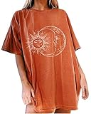 ORANDESIGNE Oversized Tshirt Damen Sonne Mond Motiv Sportshirt Kurzarm, Sport Oberteile Vintage Sweatshirt Damen Rundhals Oberteile Teenager Mädchen Best Friends T Shirts Damen Lang D Orange M