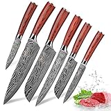 Kitchen Knife Sets, FineTool Professional Chef Knives Set Japanese 7Cr17 High Carbon Stainless Steel Vegetable Meat Cooking Knife Tools Accessories with Red Pakkawood Handle, 6 Pieces Set Box