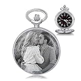 Personalisierte Foto Taschenuhr mit Kette Textgravur Vintage Glatt Taschenuhren Klassische für Herren Frauen Geschenk Zum Geburtstag Jubiläumstag Vatertag (Silber)