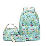 Qolcsxa Dinosaurier Print Kinderrucksäcke Wasserdicht Rucksack 3 teiliges Set Student Büchertasche mit Brotdose Und Federmäppchen für Jungen Mädchen Teenag