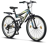 Licorne Bike Strong V Premium Mountainbike in 26 Zoll - Fahrrad für Jungen, Mädchen, Damen und Herren - Shimano 21 Gang-Schaltung - Vollfederung - Schwarz/Blau/L