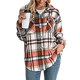Damen Oversized Plaid Shirt Shacket Jacke Mantel Reverskragen Knopfleiste Casual Langarm Oberbekleidung Bluse Tops, C Orange, 46