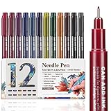 Emooqi Fineliner Set, 12 Fineliner 0.5mm, Fineliner Stifte Ideal für Künstler Illustration, Tchnische Zeichnung, Einkaufslisten Notizen und Bullet Journal Stifte, Fineliner Schw