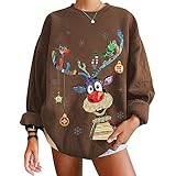 Frauen Weihnachten Print Pullover Sweatshirt Langarm Rundhals Grafik Hoodies Lose Casual Sweatshirt Hoodie, coffee, 38