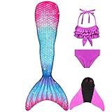 GNFUN Mädchen Meerjungfrauenschwanz Zum Schwimmen mit Meerjungfrau Flosse- Prinzessin Cosplay Bademode für das Schwimmen mit Bikini Set und Monoflosse, 4 Stück S