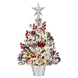 MCEAST 50.8 cm Tisch-Weihnachtsbaum mit 30 LED-Lichtern, Mini-Weihnachtsbaum-Set mit silberner Baumspitze, Weihnachtskugeln, Schleifen, DIY-Zubehör, Schreibtische, O