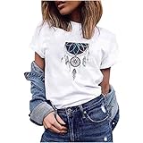 Graspot Tshirt Damen Weiss Vintage mit Aufdruck Traumfänger Tshirt, Harajuku Tshirt Short Sleeve Shirt Women Basic Tshirt Damen T-Shirt Teenager Mädchen Sportshirt Damen Kurzarm (Weiß, XS)