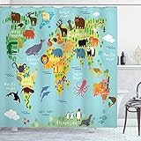 ABAKUHAUS Duschvorhang, Kinderfreundliche Weltenkarte mit Einer Groben anzeige Wo Welche Tiere Leben Cartoon Druck Bunt, Wasser und Blickdicht aus Stoff mit 12 Ringen Schimmel Resistent, 175 X 200