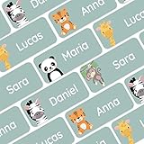 120 personalisierte Namensaufkleber (30x13 mm) zum Markieren von Kleidung und Gegenständen. Wasserfeste Klebeetiketten für Kinder, Schule und Kindergarten - Dschungel-Tiere - Grü