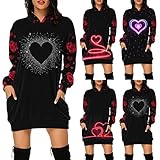 BOTCAM Valentinstag Drucken Kapuzenpullover Damen Minikleid Hoodies Sweatshirt Pullover Kleid Langarm Partykleid Frauen Tunika Kleid Herbst Winter Kapuzentop Valentine's Day Festliche Geschenk