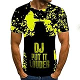 T-Shirt Herren 3D Druck Rundhals Kurzarm Shirt Fluoreszierende gelbe Spritzer und Buchstaben T-Shirt männlich 3DT Shirt Kurzarm Rundhals Digitaldruck lässig Kurzarm-Color_L
