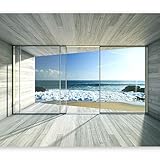 murando Fototapete Meer Fenster 350x256 cm Vlies Tapeten Wandtapete XXL Moderne Wanddeko Design Wand Dekoration Wohnzimmer Schlafzimmer Büro Flur See Natur Landschaft 3D Effekt Holz c-A-0084