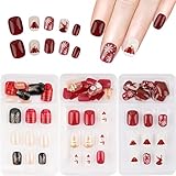 FLOFIA 72x Weihnachten Falsche Nägel Kurz Künstliche Nägel zum Aufkleben Schneemann Schneeflocken Vollabdeckung Fingernägel Xmas Kunstnägel Set für Mädchen Frauen R