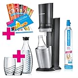 SodaStream Crystal 2.0 Wassersprudler-Set Promopack mit CO2-Zylinder, 2x Glaskaraffen, 2x Trinkgläsern,