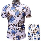 Julhold Sets für Herren Kurzarmhemden Shorts Hosen Sets Sommer Strand Hawaiian Blumenbedrucktes T-Shirt Trainingsanzug Lounge Set(Weiß,M)