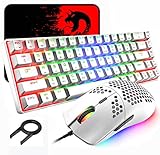 60% mechanische Gaming-Tastatur, Blauer Schalter, Mini-68 Tasten, kabelgebunden, Typ C, 18 Hintergrundbeleuchtungseffekte + leichte optische RGB-Maus mit 6400 DPI, Wabenmaus + großes Mauspad - Weiß