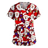 Damen Arbeitskleidung Uniformen V-Ausschnitt Weihnachten Drucken Schlupfhemd Kasack Kurzarm T-Shirts Tops Arbeitsuniform Schlupfkasack Damen Übergröße Kasack Pflege mit T