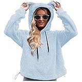 Xmiral Doppelseitiger Fleece Kapuzenpullover Damen Einfarbige Bärenohr-kapuzenpullis Mit Kordelzug Plüsch Sweatshirt (Blau, M)