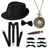 HOWAF 1920s Herren Accessoires, 20er Jahre Gangster Kostüm Rockabilly Mafia Gatsby kostüm Zubehör Set mit Elastisch Verstellbar Hosenträger Halsschleife schwarz Panama Hut Taschenuhr Zig