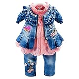 Peacolate 6M- 4J Winter Baby Mädchen Kleidung Set 3 -teilige Outfits Langarm Spitze T-Shirt Reißverschluss Stickerei Jeansjacke und Stickerei Jeans (1-2J, Orange)