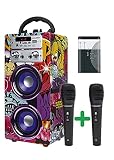DYNASONIC (3. Generation) | Tragbarer Karaoke-Bluetooth-Lautsprecher mit Mikrofonen | USB-Anschluss und SD-Kartensteckplatz, UKW-Radio Modell 025 (Batterie Pack)
